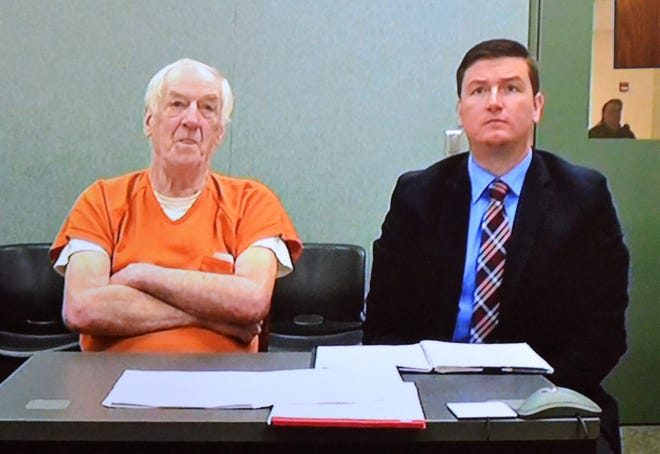 Raymand L. Vannieuwenhoven, left, and his attorney Lee Schuchart, are seen by video conference during the Lakewood man's arraignment on July 1, 2019, in Marinette County Circuit Court on two counts of first degree murder over the slayings of a Green Bay couple more than four decades ago.