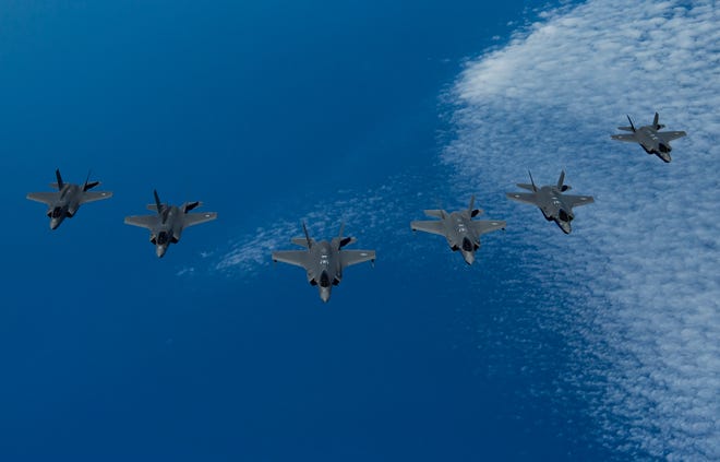 U.S. Air Force F-35A Lightning IIs, center, lead a formation of Israeli Air Force F-35I Lightning IIs, right, and Royal Air Force F-35B Lightnings, left, during Exercise Tri-Lightning over an undisclosed location over the Mediterranean Sea, June 25, 2019. Tri-Lightning is a defensive counterair exercise over the Eastern Mediterranean involving the U.S. U.K., and Israel. The exercise is designed to improve interoperability and coordination in air operations among the U.S. and it's allies.