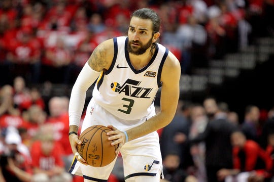 Jazz guard Ricky Rubio works with the ball during Game 5 of a first round playoff series against the Rockets.