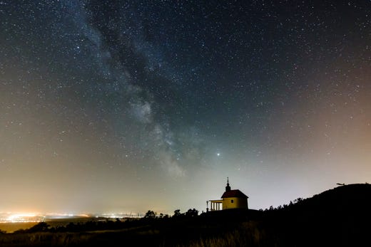 The Milky Way is visible in the clear night sky above the Saint Anne Chapel near Abasar, Hungary, June 30, 2019.