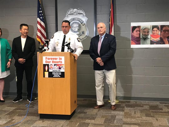 West Chester Police Chief Joel Herzog (center) and Butler County Prosecutor Mike Gmoser (right) announced Tuesday that Gurpreet Singh was arrested in connection to an April shooting that killed four members of a Sikh family. One victim was Singh's wife.