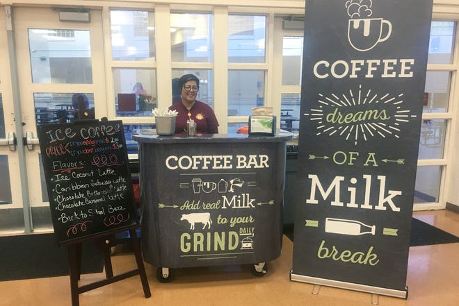 A coffee stand at Cypres Creek High School in Orlando, Fla. Orange County schools did not receive dairy industry grants for the coffee bars, but the local dairy council provided chalkboard-style signs and menus. ( via AP)