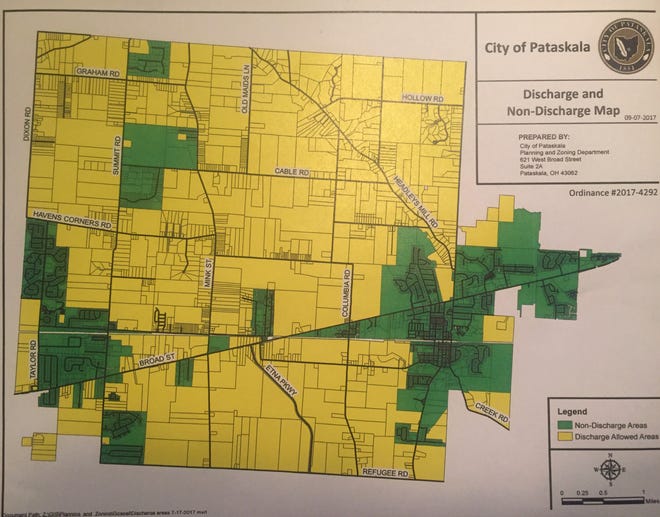 The current gun discharge map for the City of Pataskala. Areas in yellow are permissible for firing guns. Those in green are not.