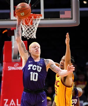 Dec 7, 2018; Los Angeles, CA, USA; TCU Horned Frogs guard Jaylen Fisher (10) steals a pass intended for USC Trojans forward Bennie Boatwright (25) and throws it down court in the second half of the game at Staples Center. Mandatory Credit: Jayne Kamin-Oncea-USA TODAY Sports