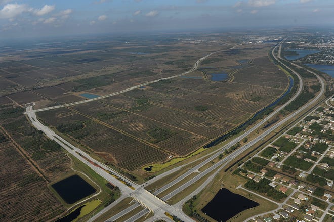 Aerial view looking northwest of the Southern Grove property in Tradition, Port St. Lucie, Village Parkway and Becker Road and Interstate 95.