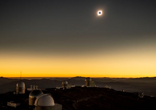 Solar eclipse as seen from the La Silla European Southern Observatory (ESO) in La Higuera, Chile, on July 02, 2019. Tens of thousands of tourists braced for a rare total solar eclipse that was expected to turn day into night along a large swath of Latin America's southern cone, including much of Chile and Argentina.
