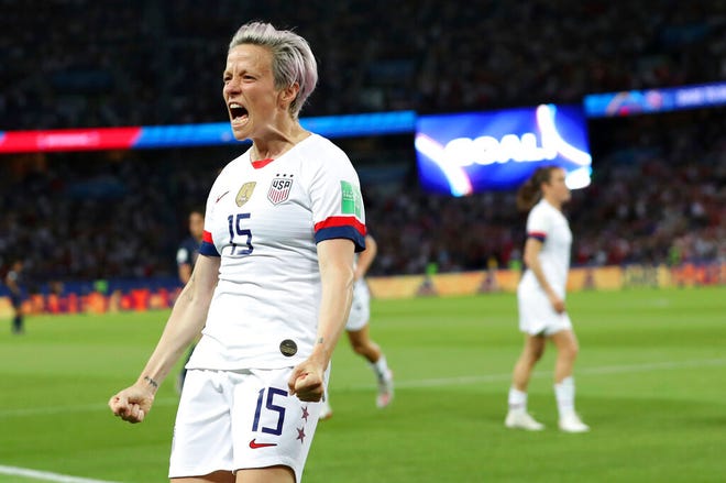 United States' Megan Rapinoe celebrates after scoring her side's second goal during the Women's World Cup quarterfinal soccer match between France and the United States at the Parc des Princes, in Paris, Friday, June 28, 2019. The final game of the Women's World Cup will be streamed Sunday at the Capitol Theatre.
