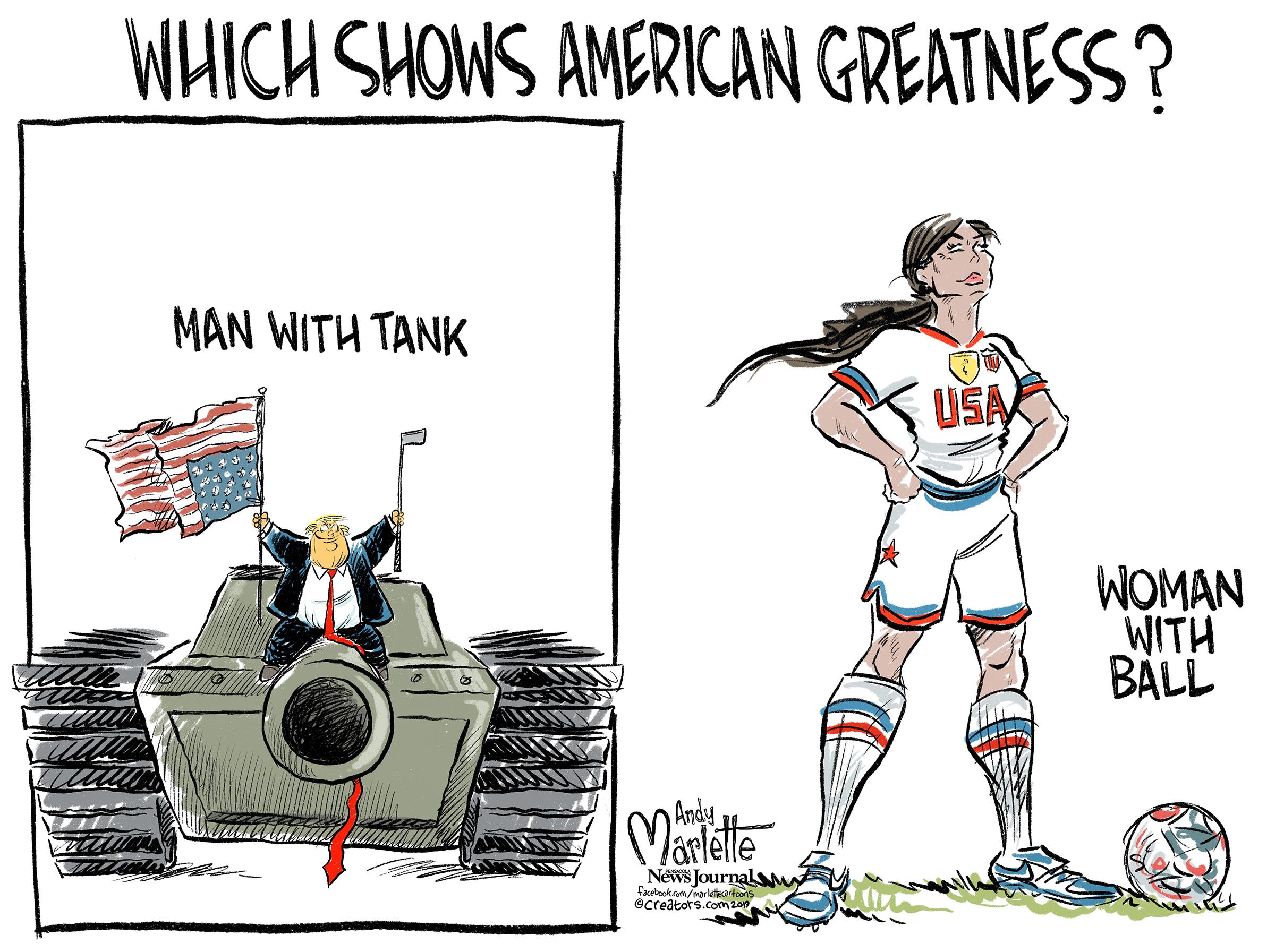 Caption:  Which Shows American Greatness?  Frame One:  Donald Trump waving a flag from a tank, labeled 