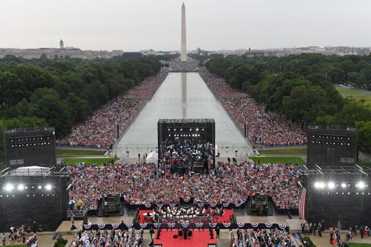 President Donald Trump speaks during an Independence Day celebration in front of the Lincoln Memorial in Washington, Thursday, July 4, 2019. The Washington Monument and the reflecting pool are in the background.