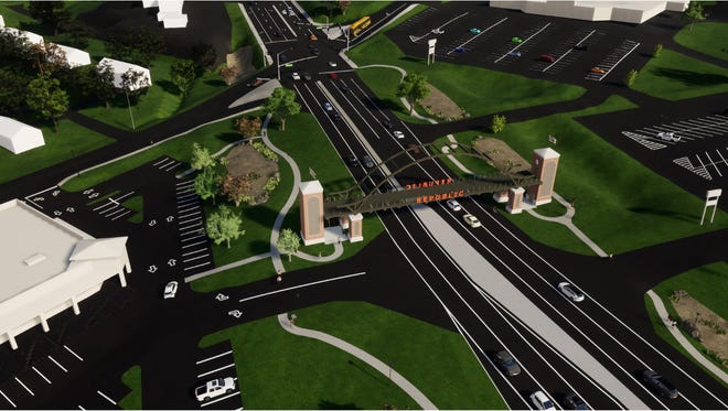A conceptual drawing of a planned pedestrian bridge over U.S. Highway 60, as shown in a staff report prepared for the Republic City Council. The council is set to consider applying for a federal grant to help pay for the improvements Tuesday night.