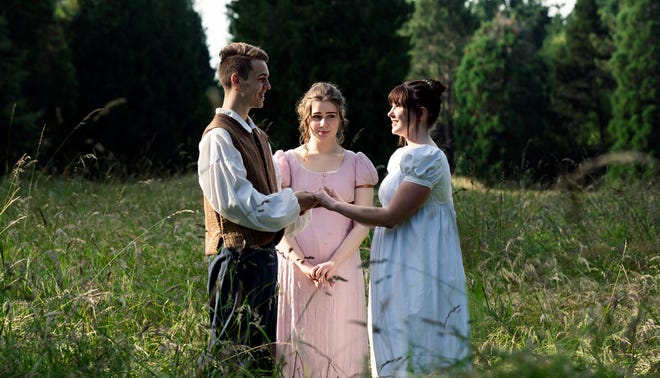 From left, Orlando (Gavin Michaels), Celia (Citori Luecht) and Rosiland (Amanda Rae Pease) continue their Shakespearean frolic in BPA's "As You Like It" at Bloedel Reserve.