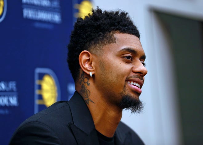 New Pacer Jeremy Lamb answers questions during an Indiana Pacers press conference at Bankers Life Fieldhouse, Sunday, July 7, 2019.  