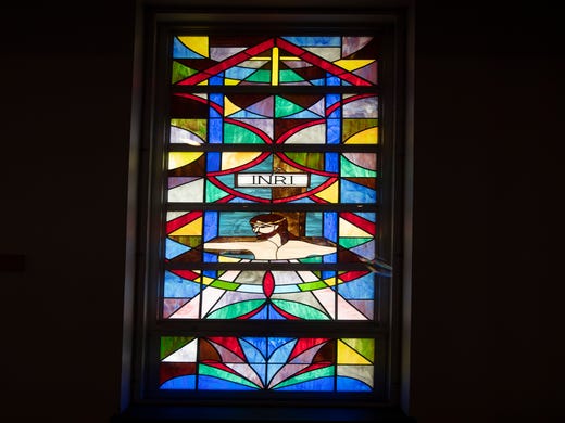 His crucifixion: A series of stained glass panels that depict the life of Jesus at Salem United Church of Christ in Jacobus.