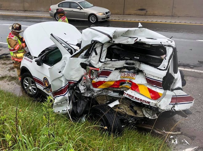A York Area United Fire and Rescue vehicle was damaged while responding to a crash scene Monday, July 8. Photo courtesy of York Area United Fire and Rescue.