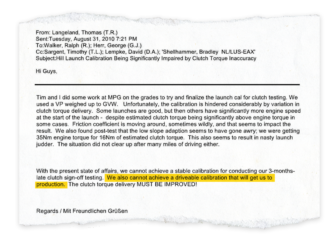 Six months before the 2012 Ford Focus went to dealers, veteran development engineer Tom Langeland emailed transmission calibration manager George Herr and others with his concerns about the DPS6 performance. (Highlighting added by Free Press)