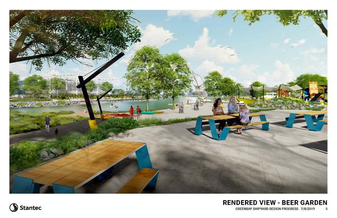 A rendering of the Shipyard's "beer garden." The area would be a space where container park patrons and visitors could sit and enjoy the area.