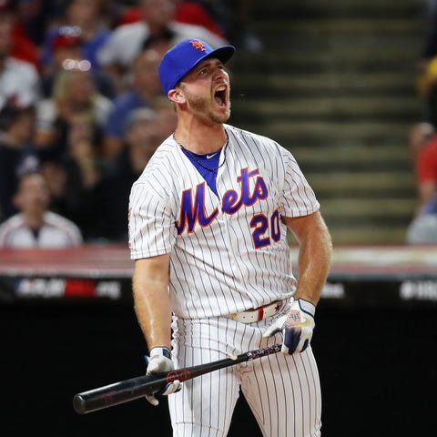 Pete Alonso of the New York Mets reacts during...