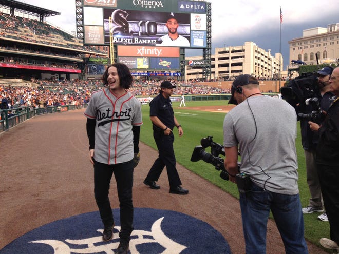 Jack White just prior to throwing out the first pitch at the Detroit Tigers' game at Comerica Park in downtown Detroit on July 29, 2014.