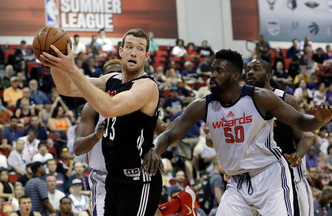 Matt Costello, left, drained three 3-pointers in the Pistons' Summer League win over the 76ers on Wednesday.