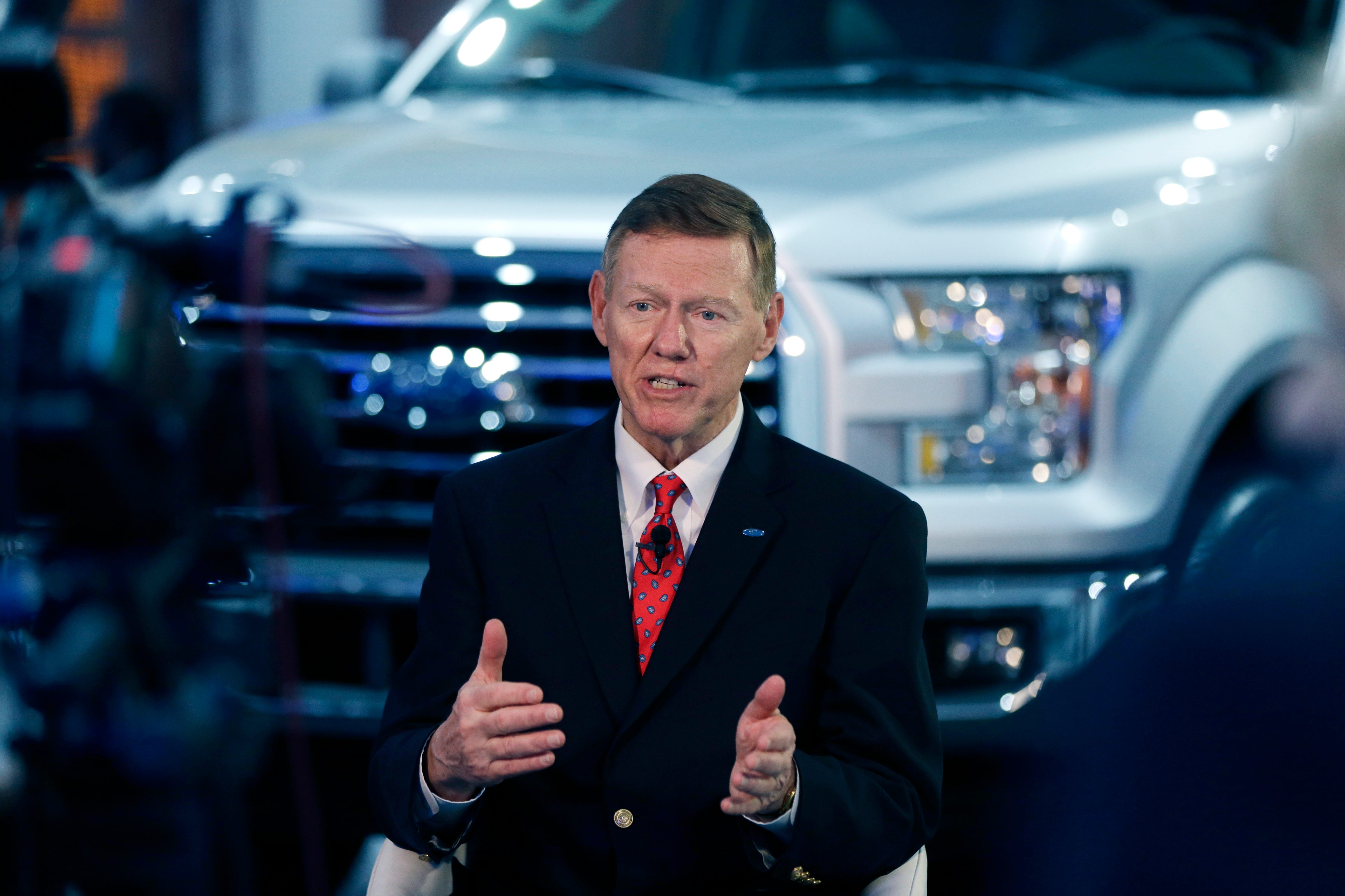 Alan Mulally, President and CEO of the Ford Motor Co., is interviewed at the North American International Auto Show in Detroit, Monday, Jan. 13, 2014. (AP Photo/Carlos Osorio)