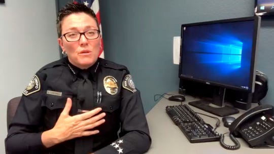 In this photo from video provided by the San Luis Obispo Police Department and posted on their Facebook page Wednesday, Police Chief Deanna Cantrell says she left her gun in a restaurant restroom and it was immediately stolen.