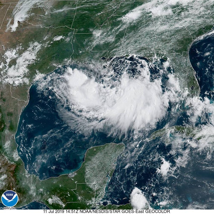 Tropical Storm Barry spins in the Gulf of Mexico.
