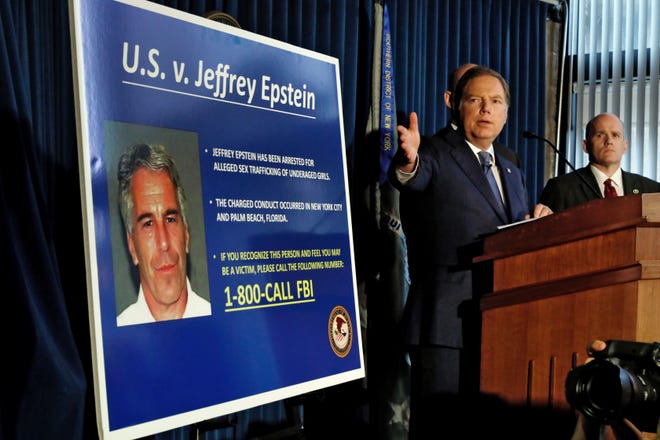 U.S. Attorney for the Southern District of New York Geoffrey Berman announces Monday, July 8, 2019, sex trafficking and conspiracy charges against wealthy financier Jeffrey Epstein.