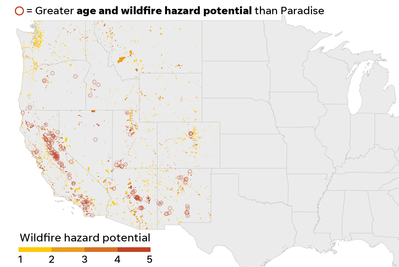 Places with both older residents and greater wildfire hazard scores than Paradise, Calif.