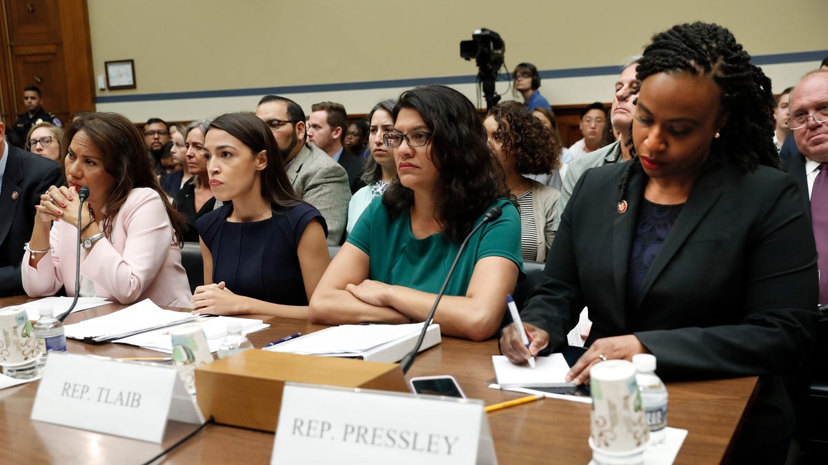 Rep. Veronica Escobar, D-Texas, Rep. Alexandria Ocasio-Cortez, D-NY., Rep. Rashida Tlaib, D-Mich., and Rep. Ayanna Pressley, D-Mass., testify before Congress on immigration policies including family separation and child detention centers on Friday, July 12, 2019 in Washington.