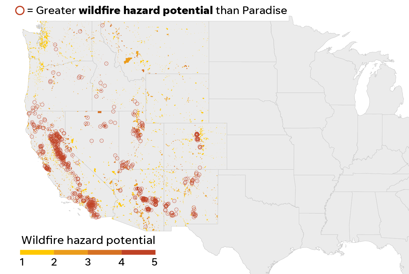 Places with a wildfire hazard score greater than Paradise, Calif.