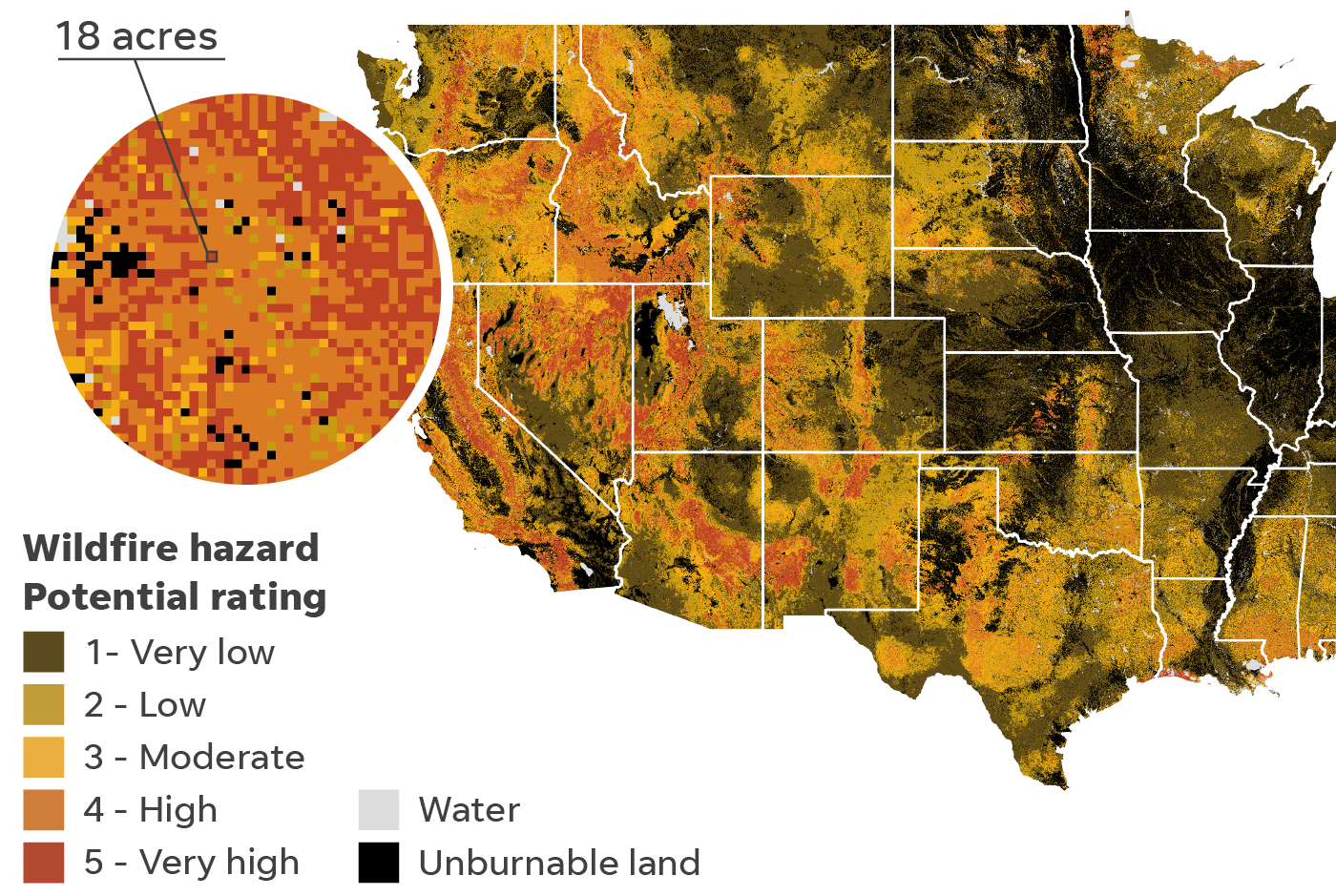 U.S. Forest service data shows wildfire hazard across the country.