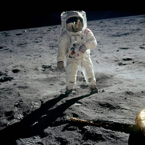 Astronaut Buzz Aldrin on the moon surface, as...