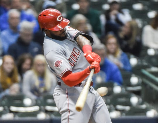 May 21, 2019; Milwaukee, WI, USA; Phillip Ervin (6), the Cincinnati Reds right-field player, scored a brace to register a race in the first round against the Milwaukee Brewers at Miller Park. Mandatory Credit: Benny Sieu-USA TODAY Sports
