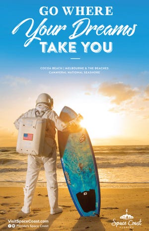 This Space Coast Office of Tourism ad promotes both Brevard County beaches and its space launches.