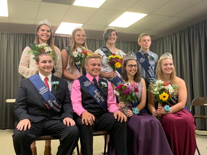 From left, back, Corin Feik, Brooke Sagle, Kaleen Pratt, Connor Corwin; and front, Nathan Wingert, King Levi Hartschuh, Queen Bella Walter and Mariah Cotsamire were named royalty of the 2019 Crawford County Fair on Sunday night.