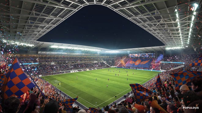 A view of the full canopy of the final FC Cincinnati stadium design, which is under construction in the West End. The field detention is 1100 yards by 75 yards. 