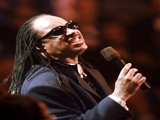 Stevie Wonder sings during the Presidential Inauguration Gala Sunday, Jan. 19, 1997 at the USAir Arena in Landover, Md. The inaugural show is a star-studded soiree featuring many entertainers who have never performed together. (AP Photo/ ORG XMIT: XLDV112
