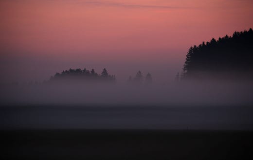 Morning fog is seen over the Allgaeu landscape near Biessenhofen in southern Germany shortly before sunrise on July 16, 2019.