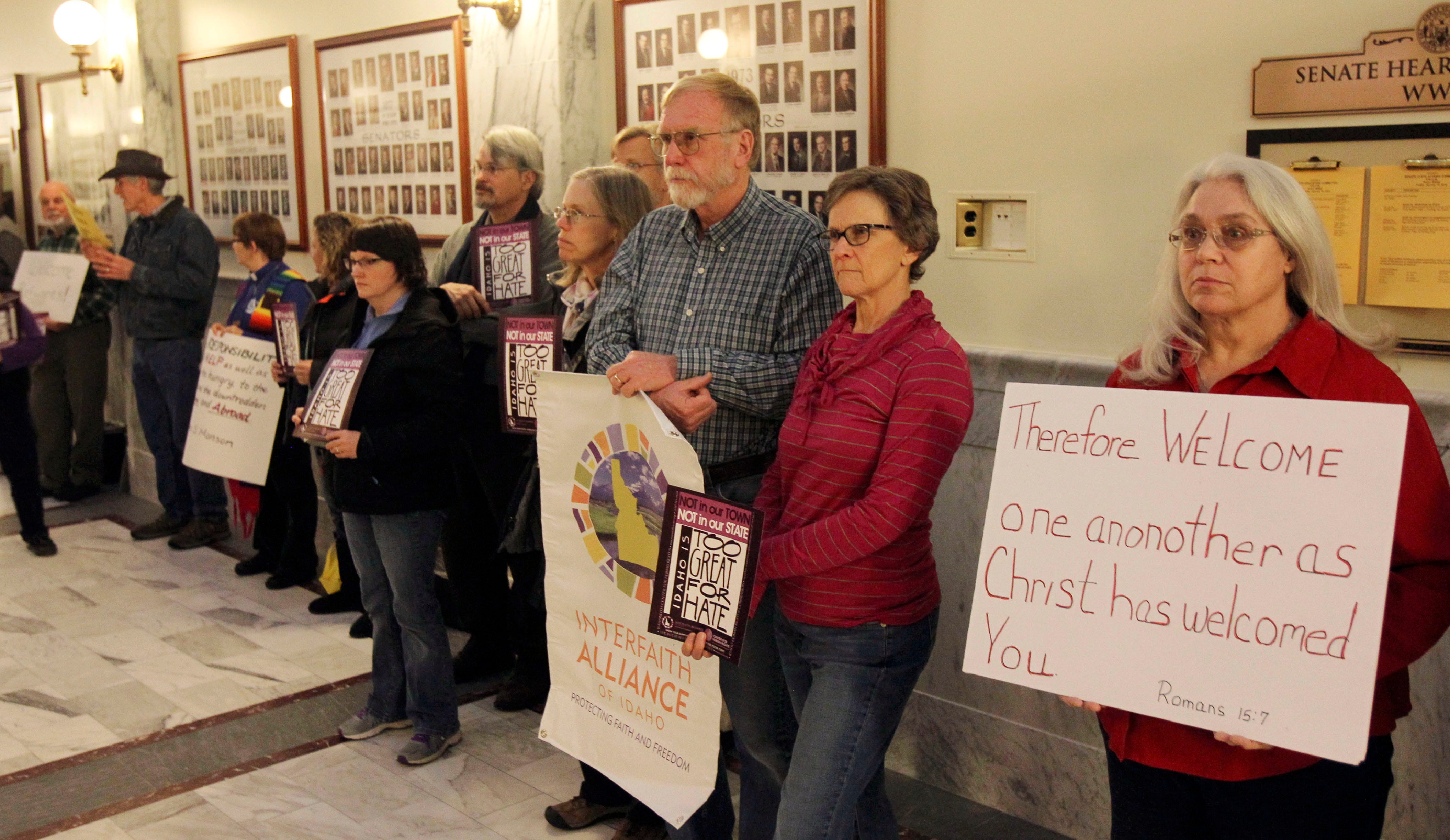 Protesters gather at the Idaho Statehouse in January 2016 in support of Muslim refugees.