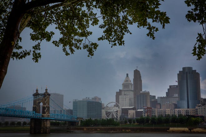 Stormy skies in Cincinnati seen from Covington, Kentucky, on July 17, 2019.