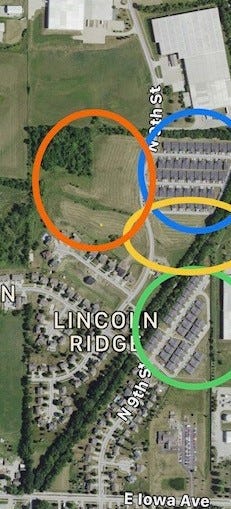 Location of current and proposed Kading Properties development north of Iowa Avenue in east Indianola. The blue and green circles indicate existing Lincoln Ridge Estates. Yellow and orange circles indicate proposed developments.