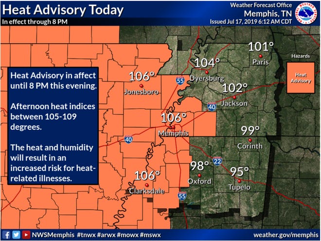 The National Weather Service in Memphis has issued a heat advisory for much of the Mid-South.