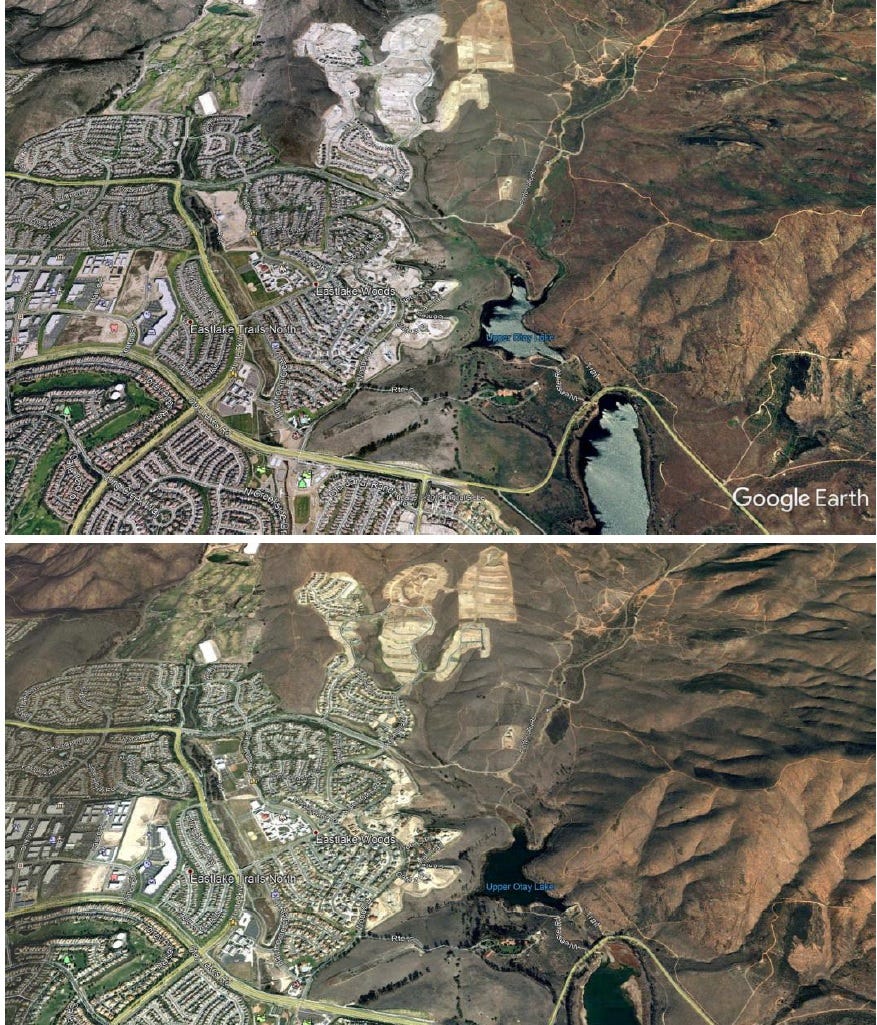 Satellite image taken 10 months before the Harris fire (top), and three months after (bottom), show that the development a local fire chief credits with stopping the fire was primarily razed lots at the time.