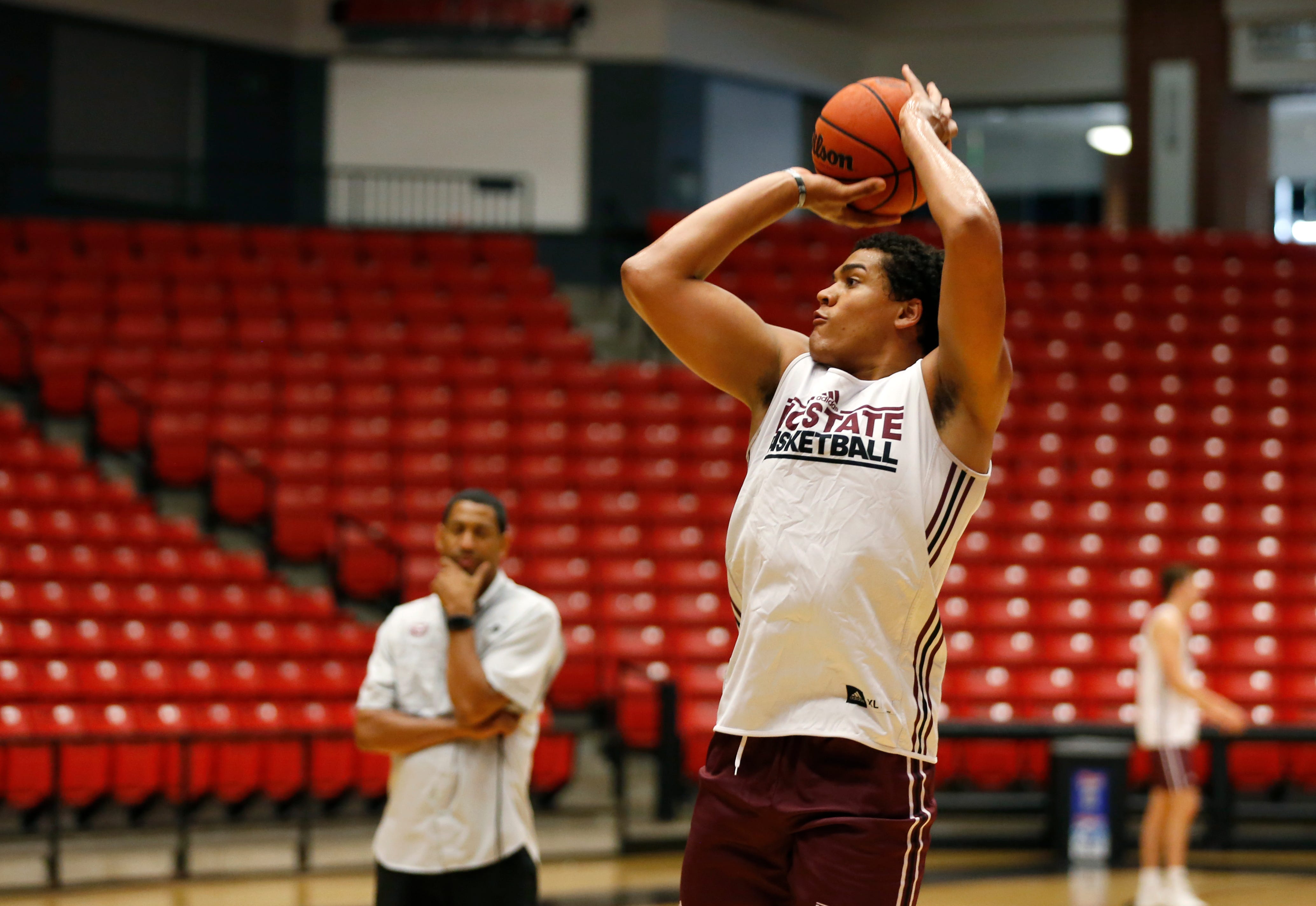 Missouri State basketball player Gaige Prim shoots a basket during practice on Wednesday, July 17, 2019.