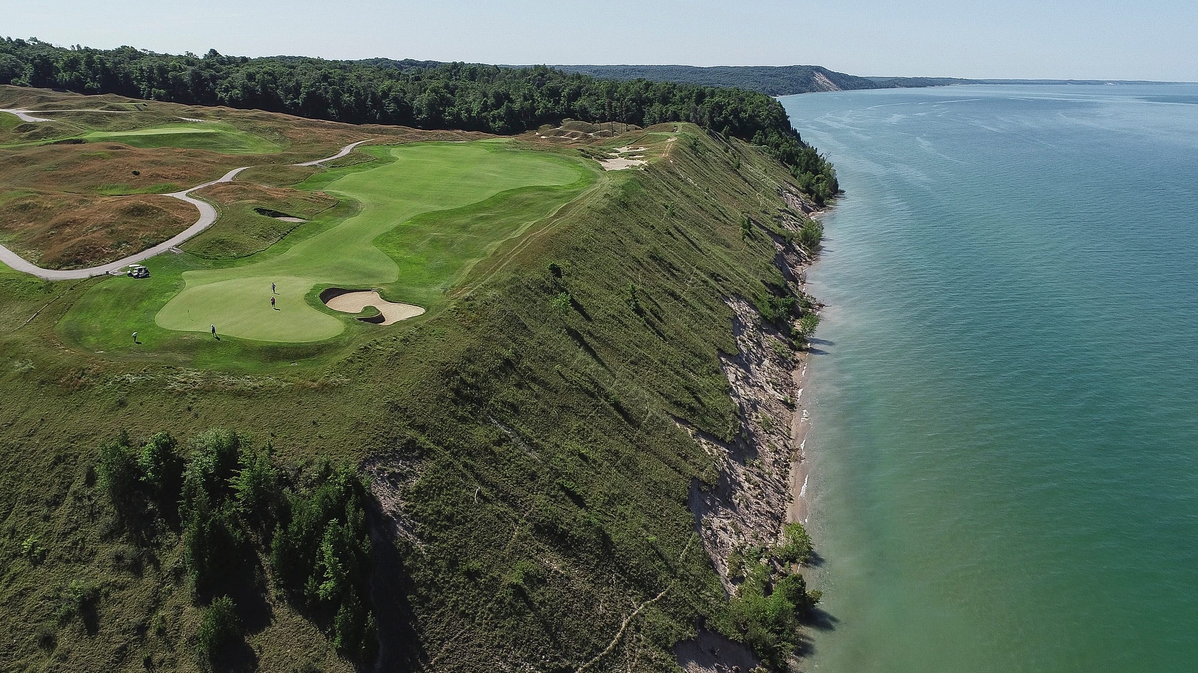 Aerial photo of Arcadia Bluffs Golf Club 12th hole green and fairway near Arcadia Township, Friday, July 13, 2019.