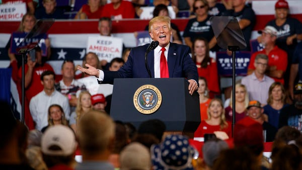 President Donald Trump speaks at a campaign rally...