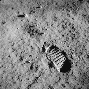 Footprint on the lunar surface from a photograph taken during the Apollo 11 mission.