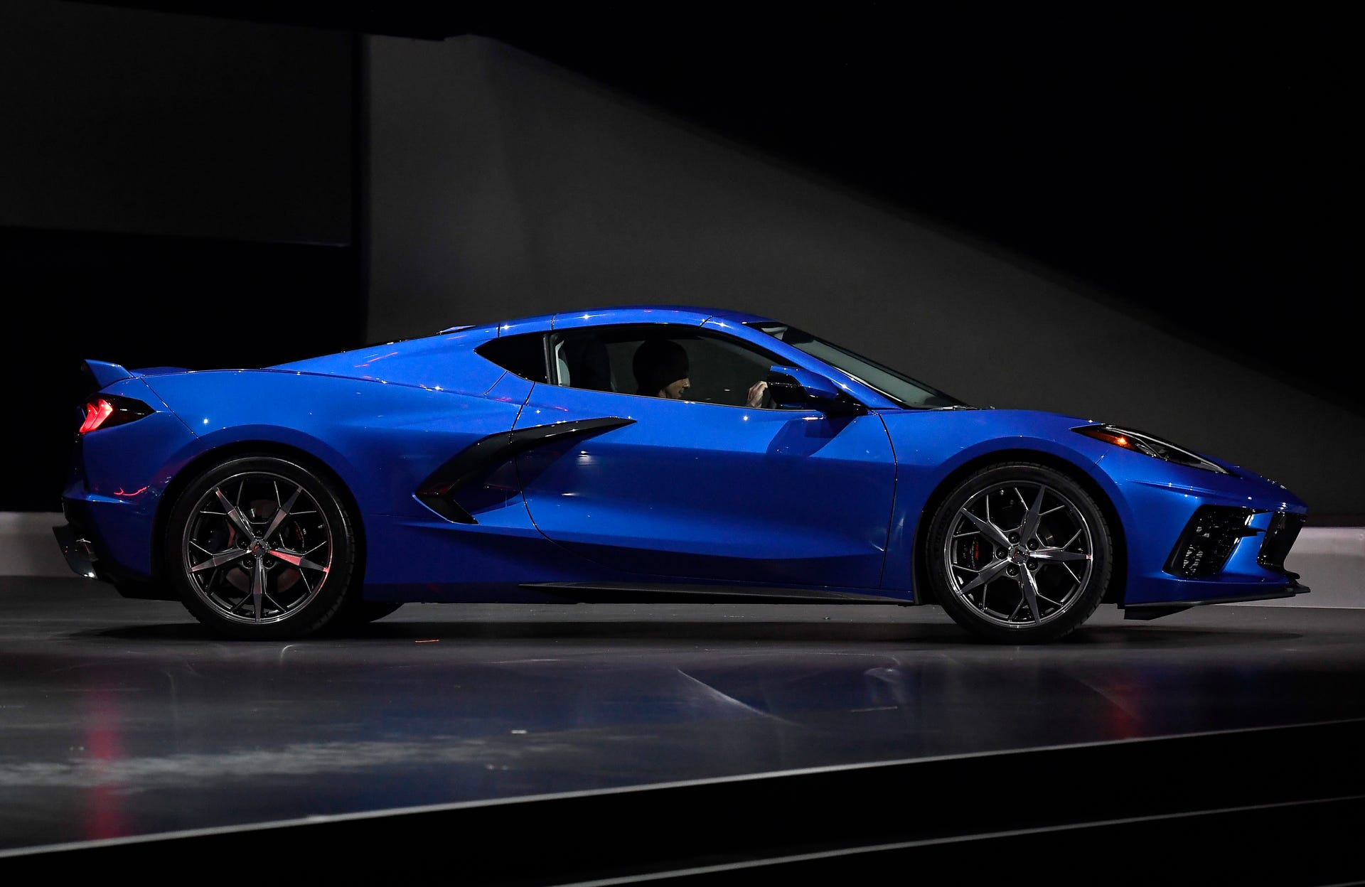 The 2020 mid-engine C8 Corvette Stingray by General Motors is unveiled during a news conference on July 18, 2019 in Tustin, California.
