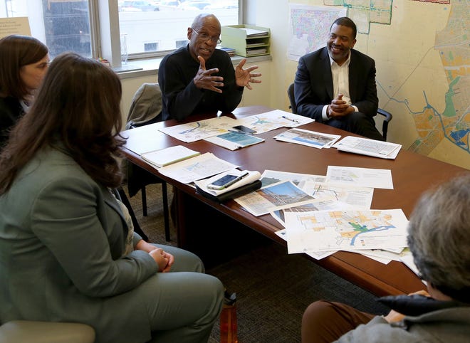 Maurice Cox, gesturing, director of the City of Detroit Planning and Development Department, makes a point  during a meeting in his office at the Coleman A. Young Municipal Center in Detroit on Friday, December 16, 2016.