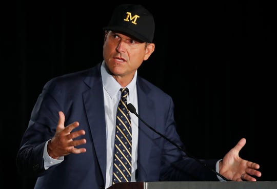 Michigan coach Jim Harbaugh speaks during the Big Ten media days on Friday, July 19, 2019, in Chicago.